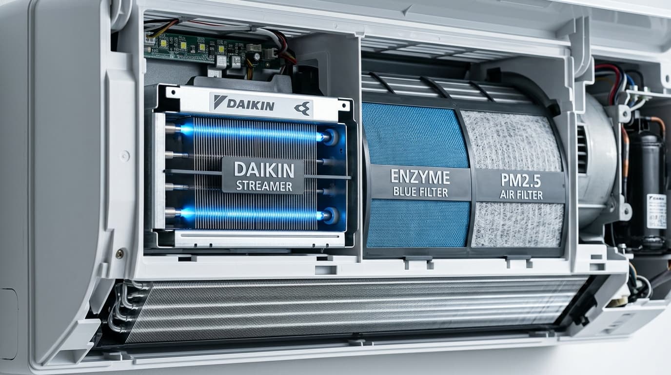 Cận cảnh cụm phóng điện plasma Daikin Streamer kết hợp phin lọc Enzyme Blue và phin PM2.5 trên dàn lạnh Daikin FTKY