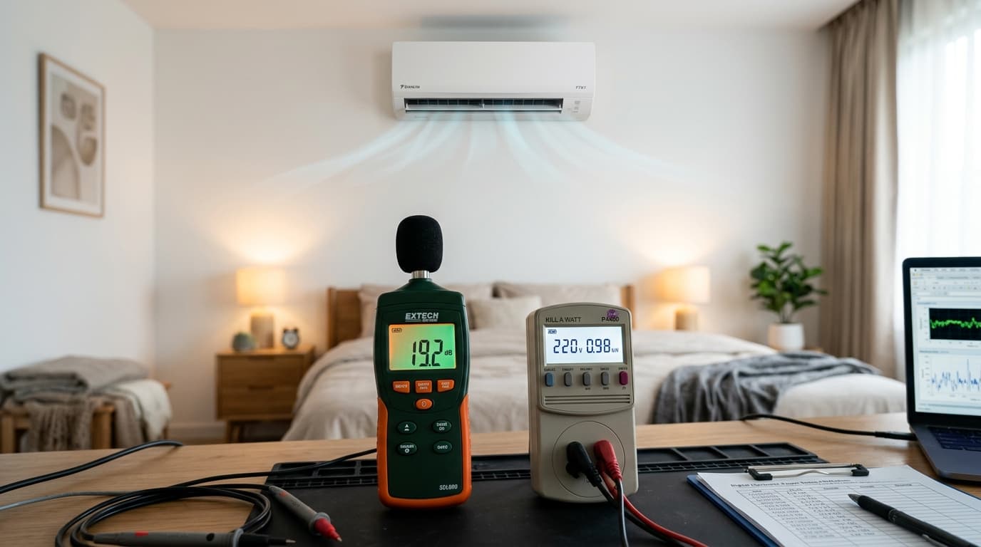 Đo đạc kiểm nghiệm độ ồn 19.2 dB và công suất điện tiêu thụ thực tế của điều hòa Daikin FTKY 12000 BTU bằng thiết bị chuyên dụng