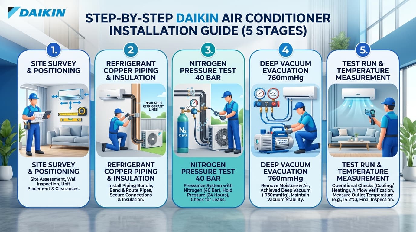 Sơ đồ infographic quy trình 5 bước lắp đặt điều hòa Daikin chuẩn kỹ sư M&E Hanotech
