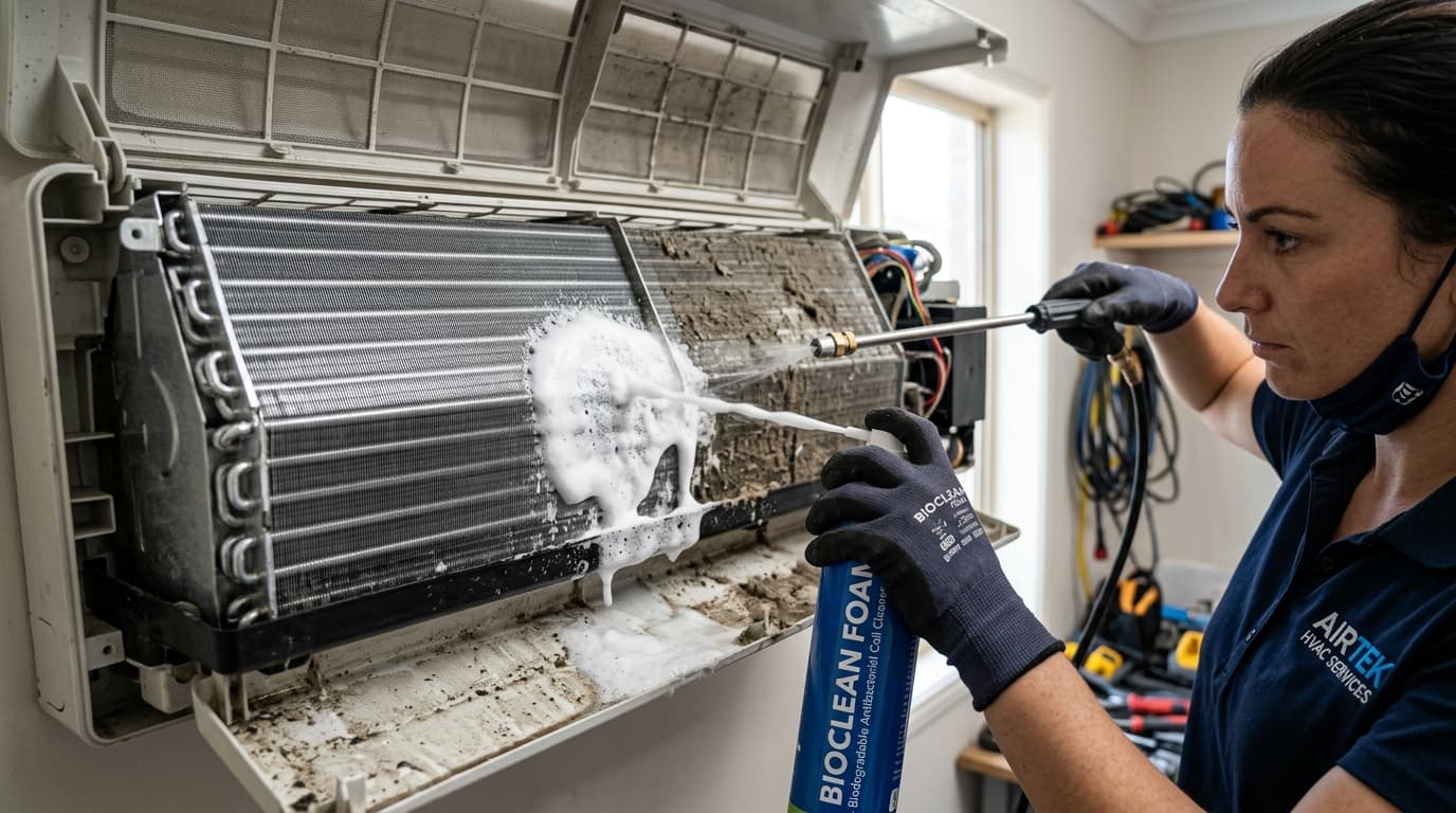 Kỹ thuật viên Hanotech sử dụng bình bọt sinh học chuyên dụng sục rửa khử khuẩn dàn lạnh và máng ngưng Daikin