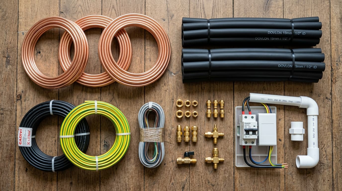 Hình ảnh flatlay sắp xếp đầy đủ bộ vật tư lắp đặt điều hòa Daikin tiêu chuẩn kỹ sư Hanotech