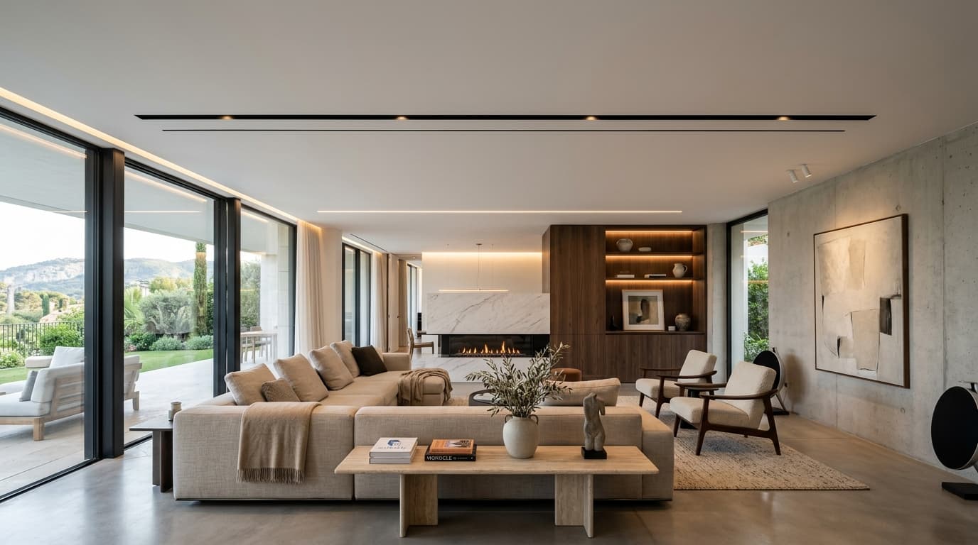 Thiết kế nội thất phòng khách biệt thự hiện đại tích hợp miệng gió khe Slot Linear đen liền mạch âm trần thạch cao