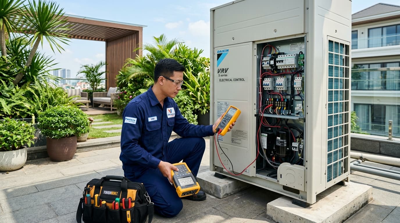 Hình ảnh Kỹ sư Hanotech đo đạc dòng điện và phân tích điện năng tiêu thụ thực tế dàn nóng Daikin VRV H tại biệt thự