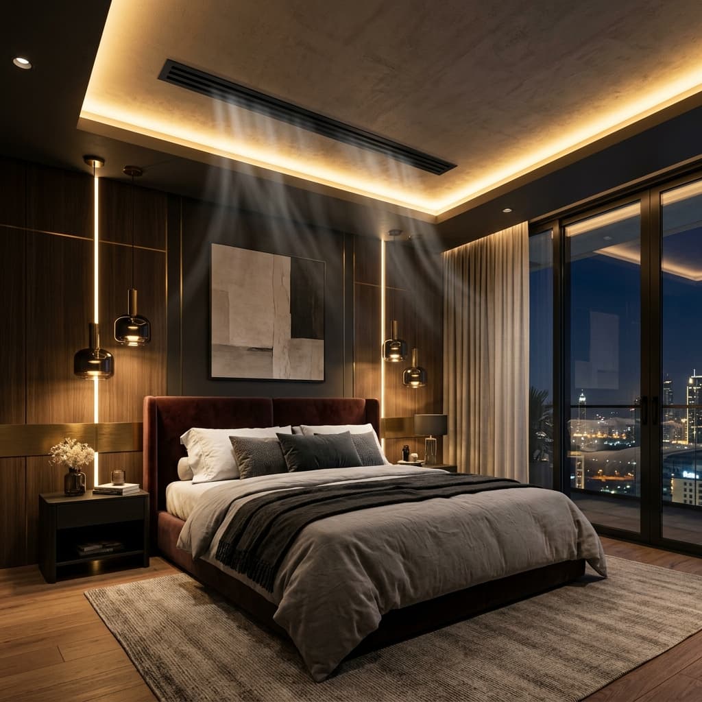 Nghiệm thu miệng gió Slot nhôm sơn tĩnh điện đen cấp gió tươi áp suất dương phẳng mượt phòng ngủ căn hộ cao cấp