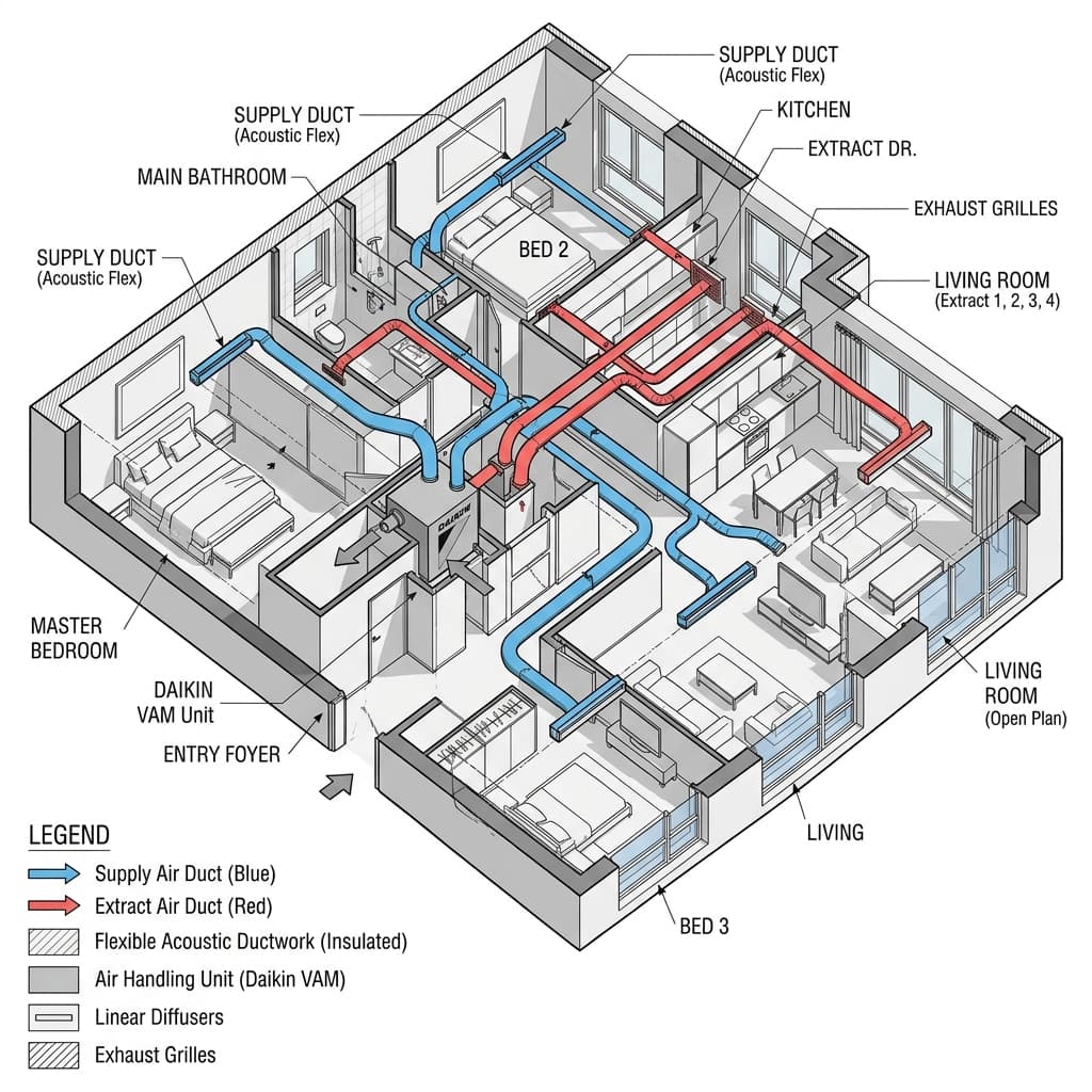 Sơ đồ 3D thiết kế tuyến ống gió mềm tiêu âm và hộp chia gió cấp gió tươi đến từng phòng ngủ căn hộ chung cư