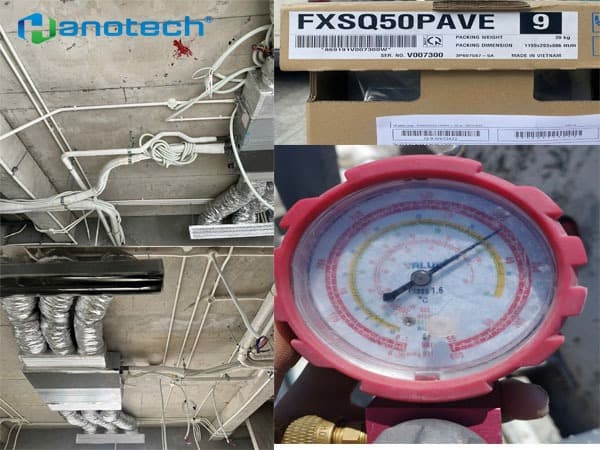 Bàn giao thùng máy dàn lạnh FXSQ50PAVE chính hãng kèm đồng hồ nén Nitơ thử kín 40 bar đường ống âm sàn bê tông