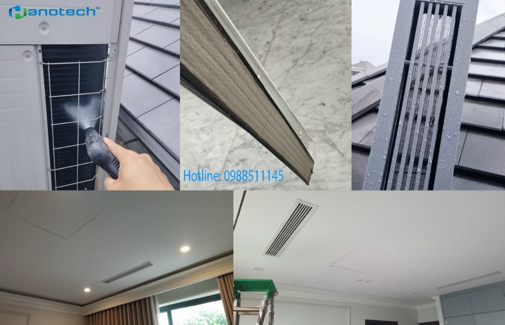 Vệ sinh xịt rửa bảo dưỡng hệ thống dàn nóng dàn lạnh điều hòa trung tâm Daikin VRV định kỳ bởi thợ kỹ thuật Hanotech