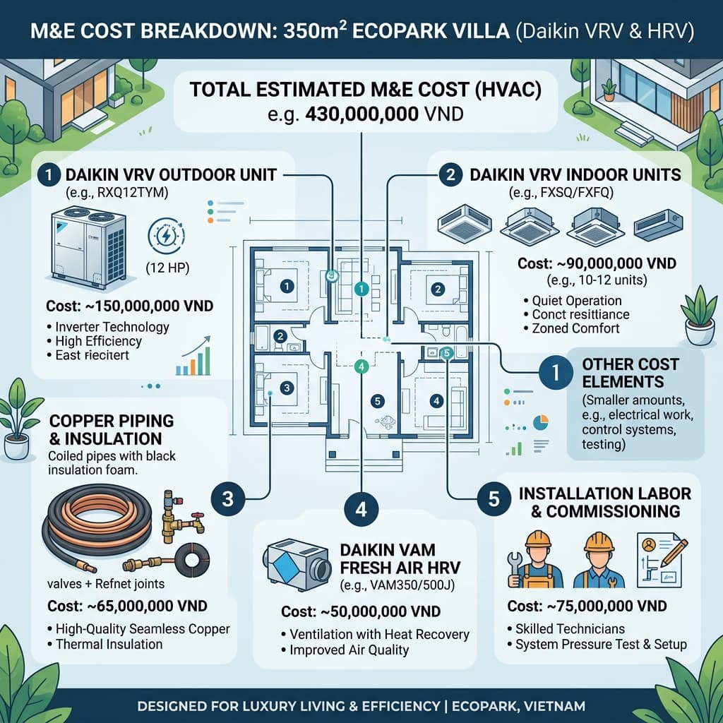 Infographic bóc tách tỷ lệ chi phí vật tư và nhân công lắp đặt điều hòa trung tâm Daikin VRV cho biệt thự Ecopark 350m2
