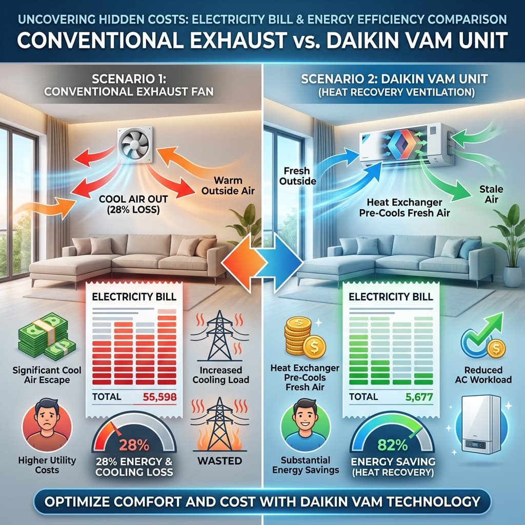 Đồ họa trực quan so sánh lượng điện năng tiêu thụ và độ thất thoát tải lạnh giữa 2 giải pháp thông gió