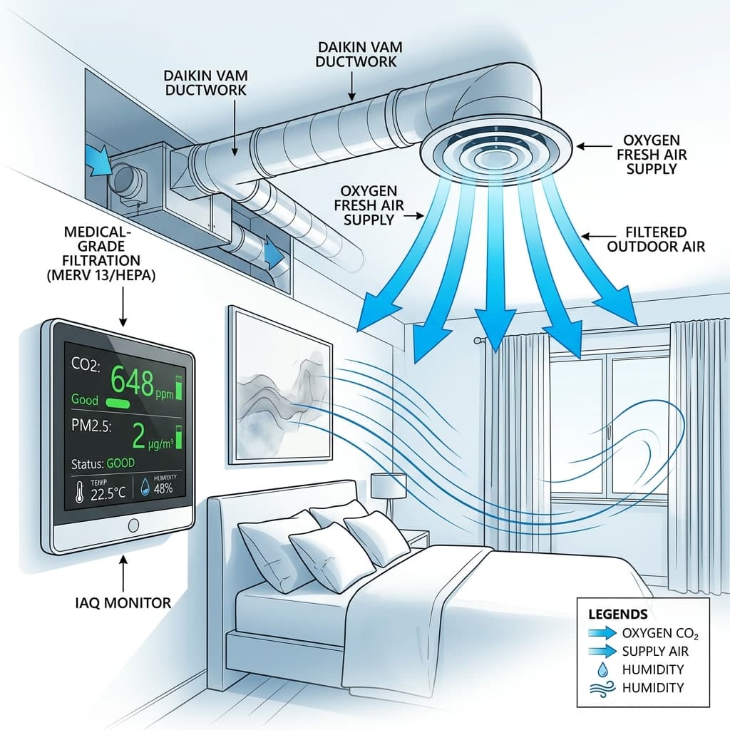 Màn hình cảm biến đo chất lượng không khí IAQ hiển thị nồng độ CO2 an toàn dưới 650ppm trong phòng ngủ