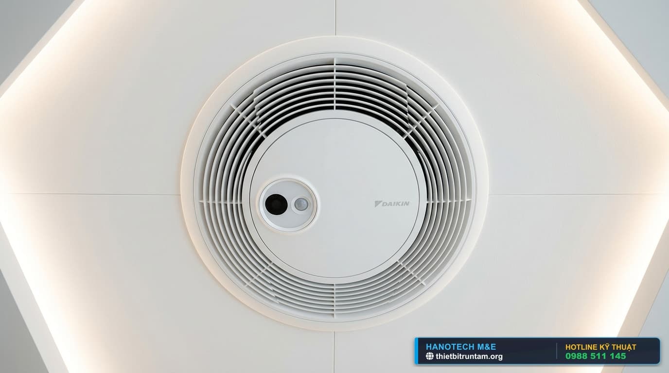 Cận cảnh mặt nạ Daikin FCF Round Flow 360 độ với cụm cảm biến kép Dual Sensor thông minh