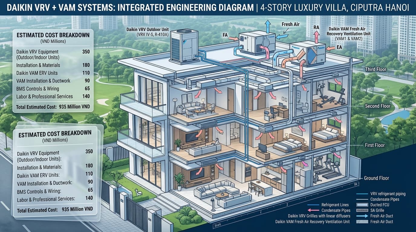 Sơ đồ bóc tách kỹ thuật và layout hệ thống điều hòa giấu trần VRV tích hợp cấp gió tươi VAM biệt thự 4 tầng Ciputra