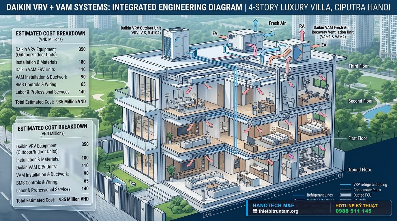 Sơ đồ 3D infographic tổng thể giải pháp điều hòa trung tâm Daikin VRV kết hợp thông gió VAM cho biệt thự 3 tầng