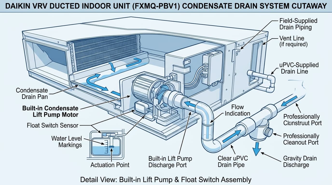 Sơ đồ nguyên lý cấu tạo cụm bơm xả nước ngưng và công tắc phao từ dàn lạnh Daikin VRV