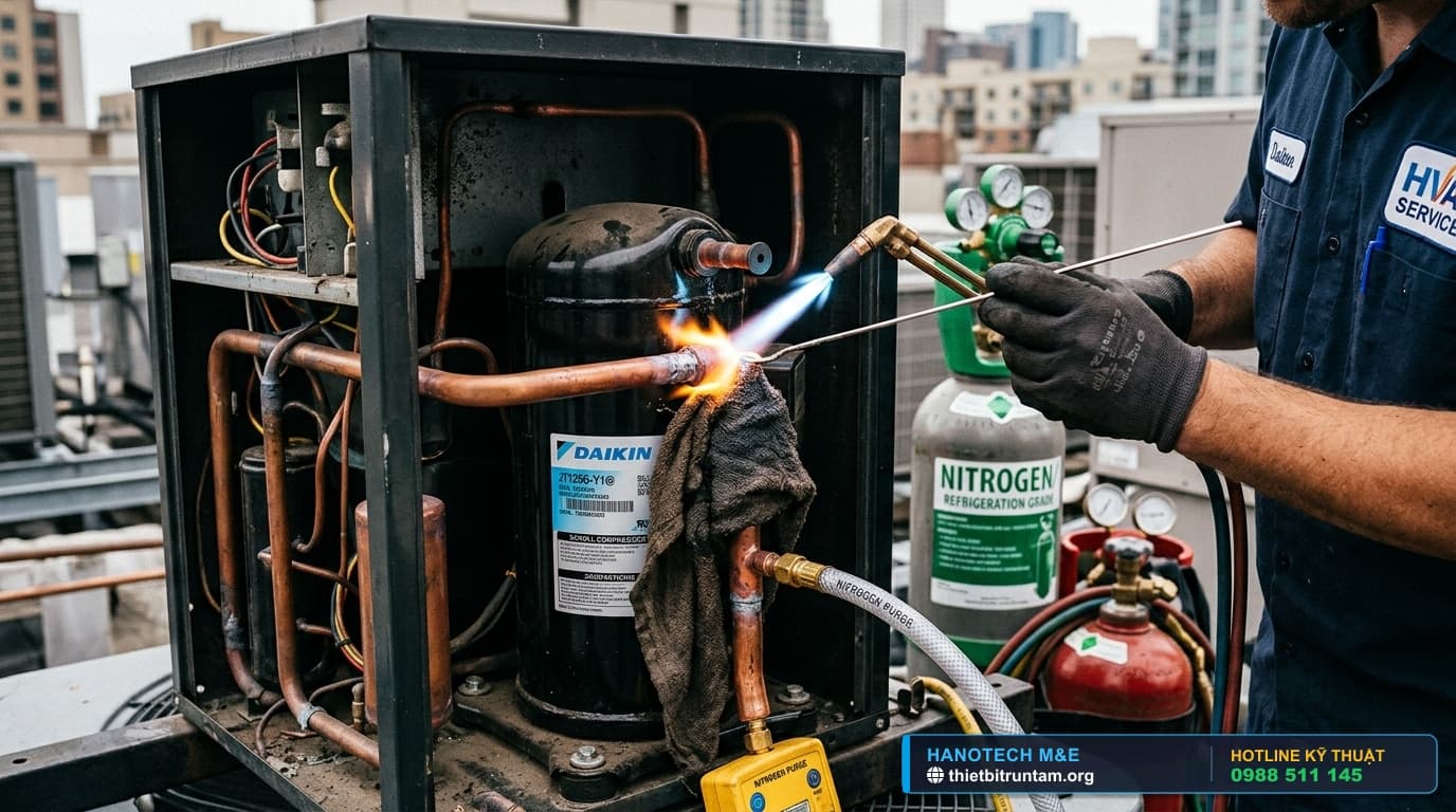 Kỹ thuật hàn nối ống đồng máy nén Scroll Daikin bằng mỏ hàn hơi có thổi khí Nitơ bảo vệ