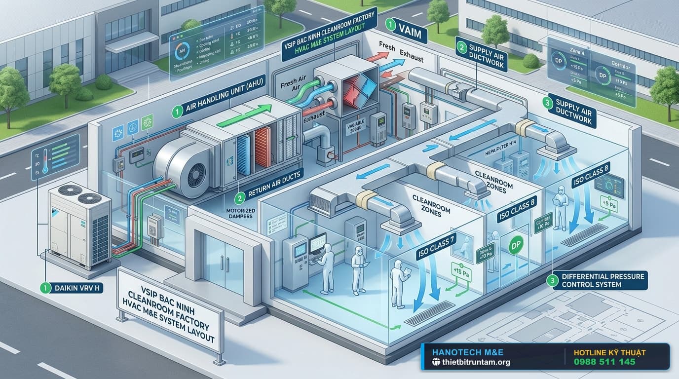 Sơ đồ 3D infographic bóc tách quy trình nạp gas bổ sung Daikin VRV chuẩn kỹ thuật M&E của Hanotech