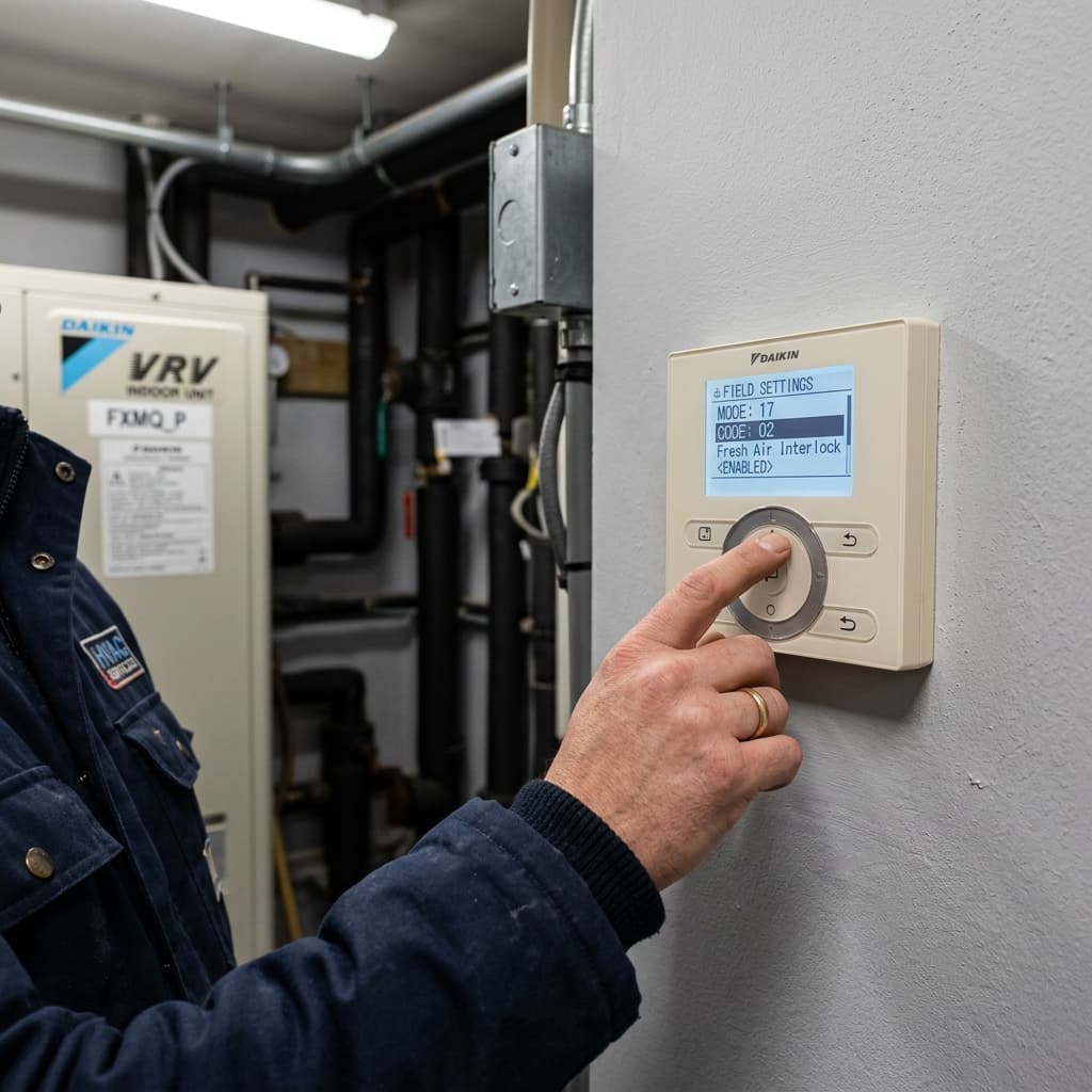 Kỹ sư thao tác truy cập giao diện Field Setting Mode 17 mã 02 trên màn hình cảm ứng điều khiển Daikin Madoka