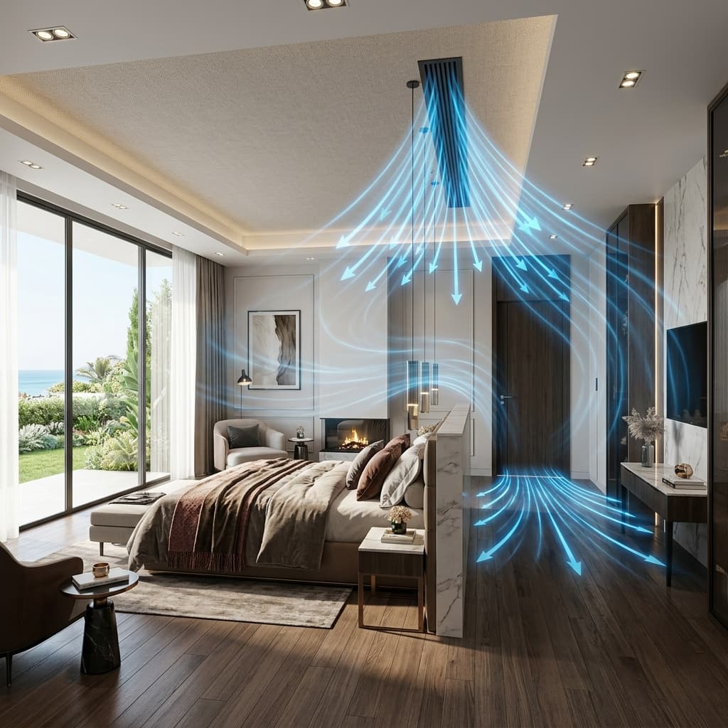 Mô phỏng 3D luồng khí tươi áp suất dương di chuyển từ trần xuống sàn phòng ngủ biệt thự và đẩy khí thải qua chân cửa