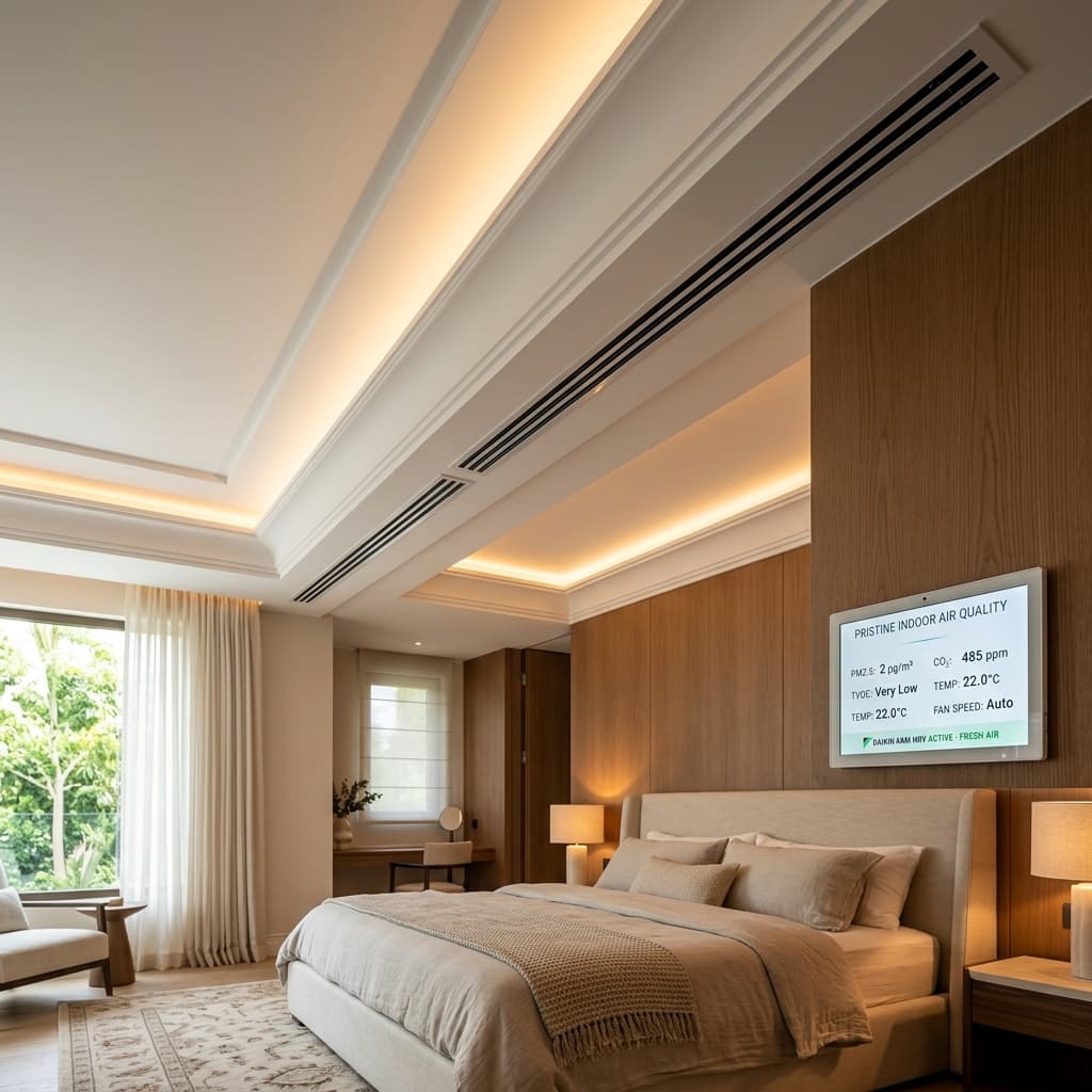 Nghiệm thu thực tế hệ thống miệng gió khe Slot cấp gió tươi Daikin VAM sang trọng trong phòng ngủ biệt thự