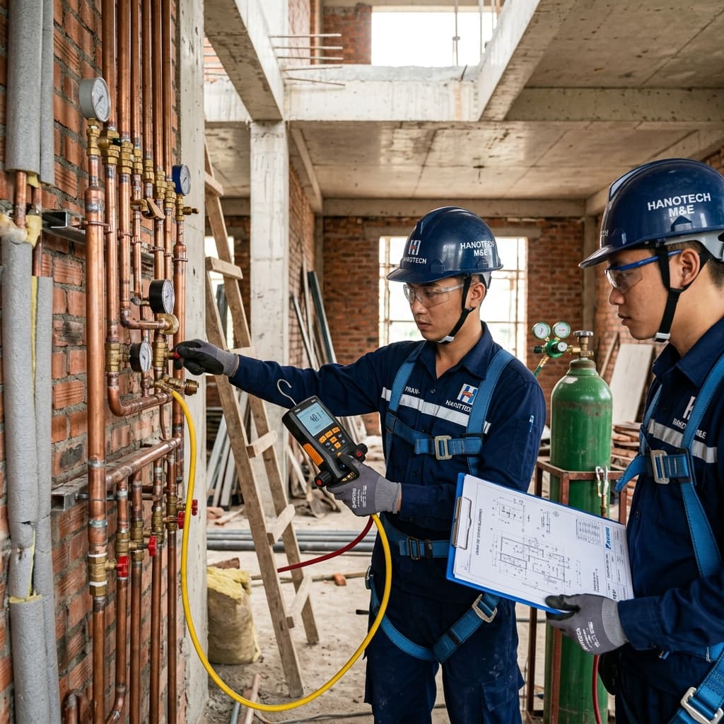 Kỹ sư Hanotech kiểm tra nén áp Nitơ 40 bar thử kín đường ống đồng điều hòa trung tâm VRV tại biệt thự Ecopark