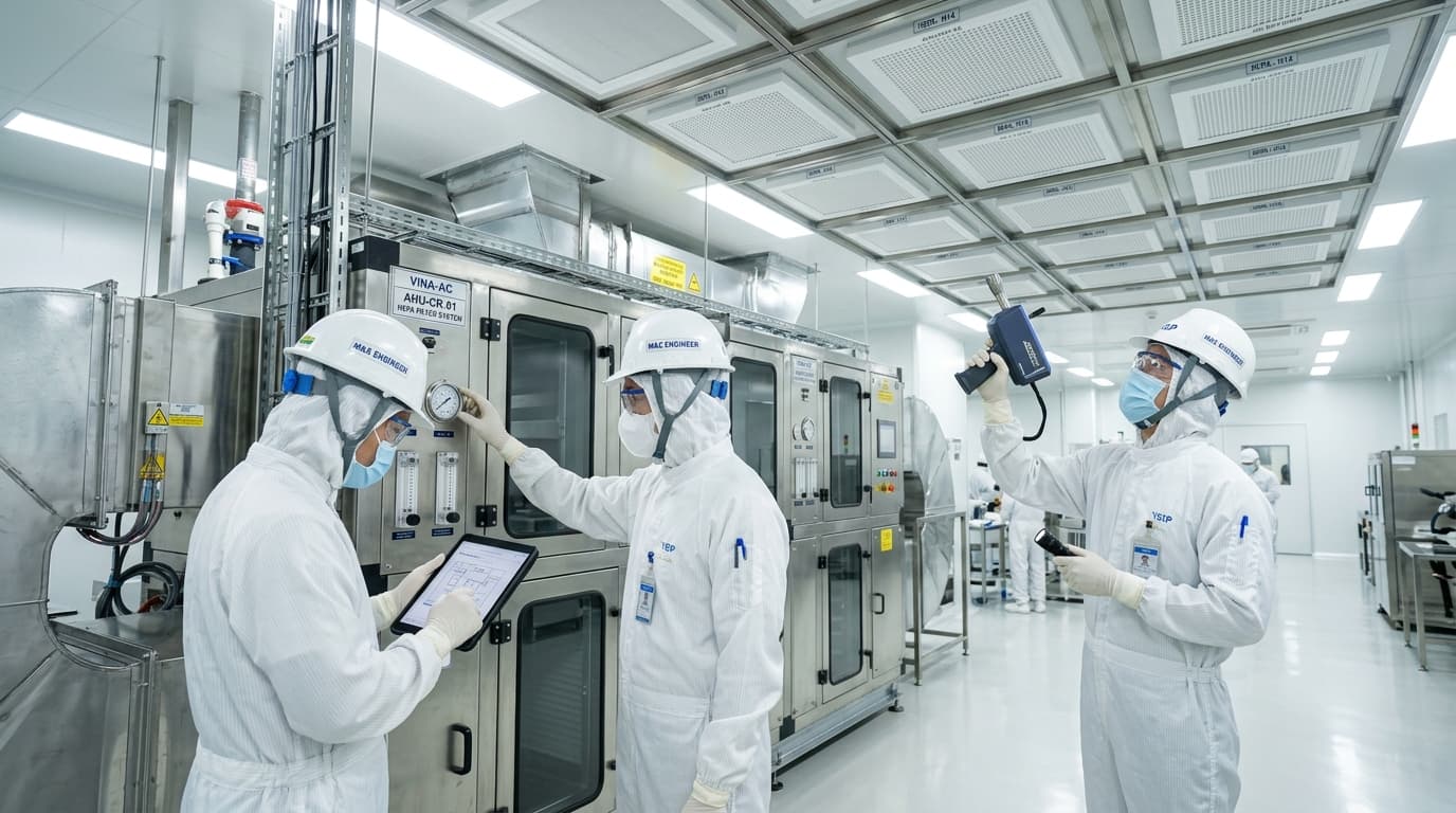 Kỹ sư Hanotech mặc trang phục phòng sạch kiểm tra áp suất và phin lọc HEPA H14 tại nhà máy KCN VSIP Bắc Ninh