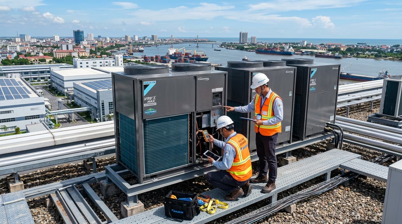 Kỹ sư Hanotech nghiệm thu đo đạc cụm dàn nóng Daikin VRV X MAX chống ăn mòn muối biển trên mái nhà máy KCN Tràng Duệ Hải Phòng