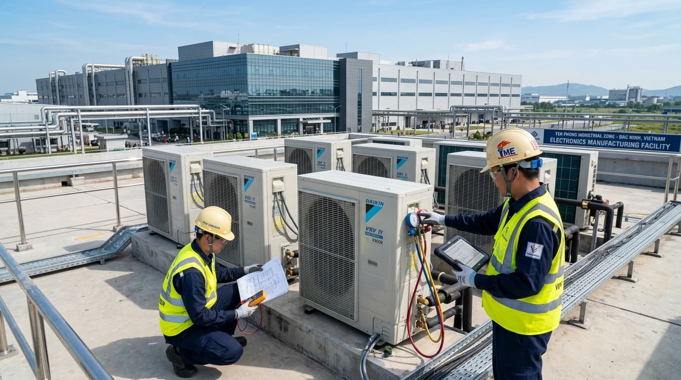 Kỹ sư Hanotech nghiệm thu đo đạc dàn nóng điều hòa Daikin VRV H trên sân thượng nhà máy KCN Yên Phong Bắc Ninh