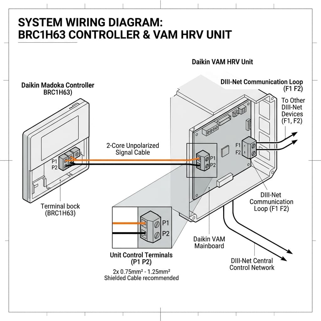Sơ đồ chi tiết đấu nối chân cắm P1 P2 và tuyến cáp chống nhiễu F1 F2 từ remote Madoka đến bo mạch quạt Daikin VAM