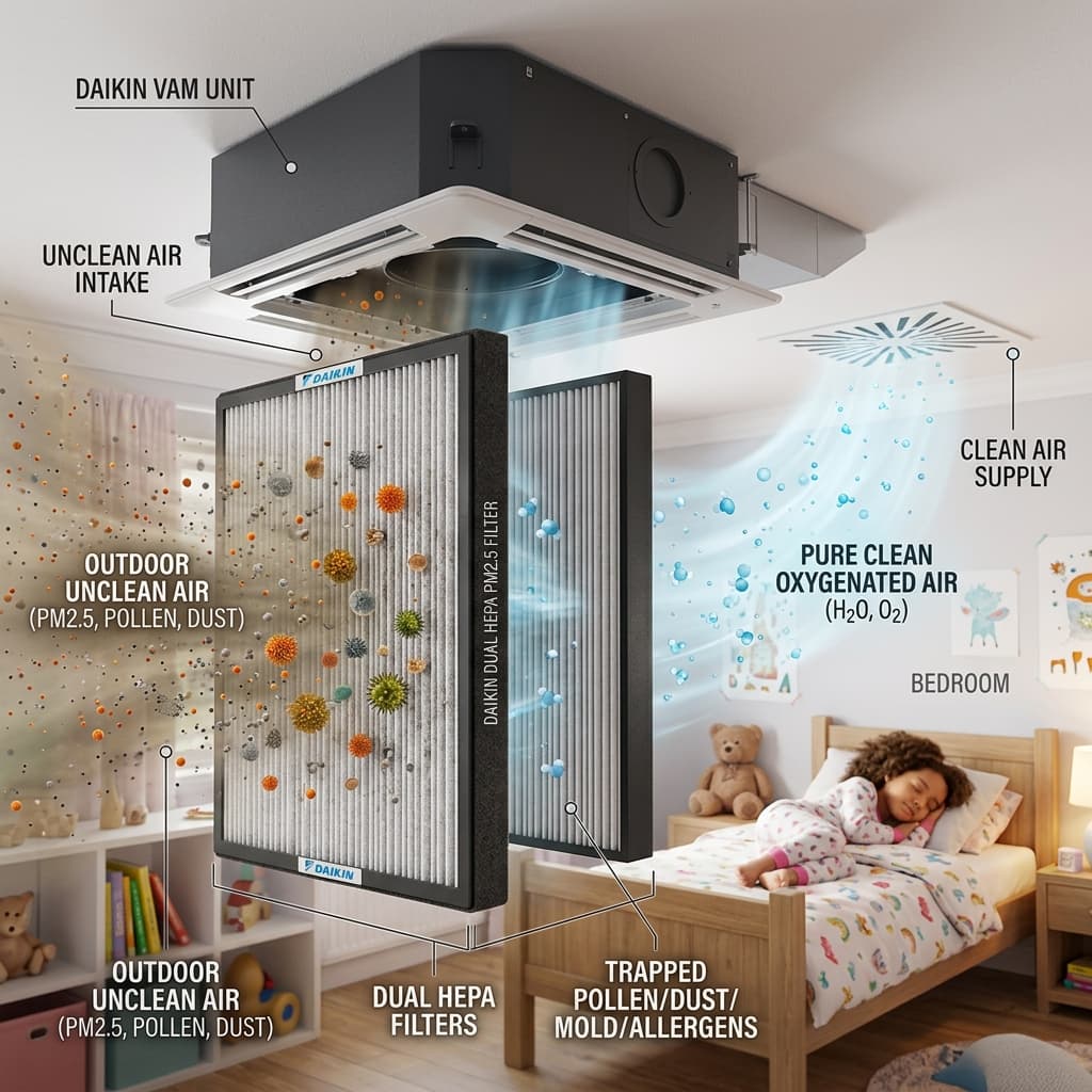 Sơ đồ nguyên lý phin lọc màng kép HEPA PM2.5 trên thiết bị thông gió Daikin VAM giữ lại vi khuẩn và bụi mịn