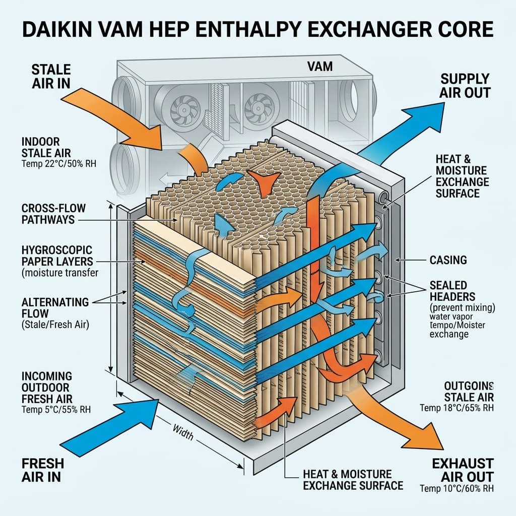 Sơ đồ 3D cấu tạo lõi trao đổi nhiệt Enthalpy HEP của quạt Daikin VAM giúp truyền nhiệt ẩm giữa 2 dòng khí