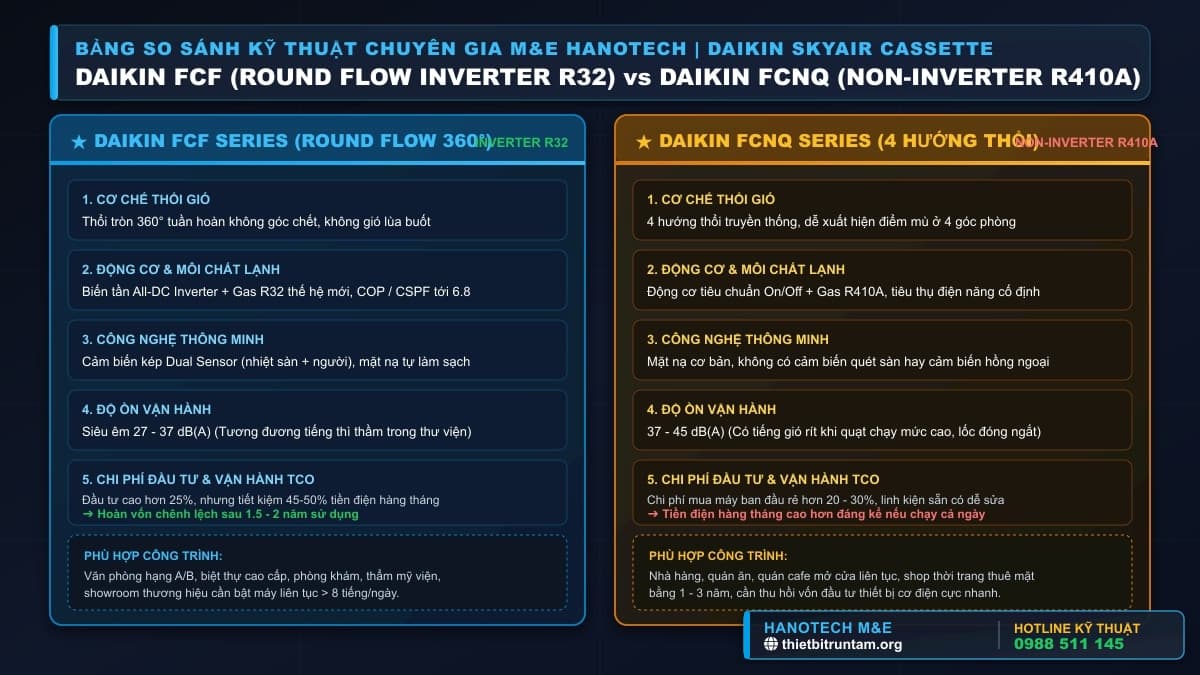 Sơ đồ infographic so sánh 6 phương diện kỹ thuật giữa Daikin FCF Round Flow và Daikin FCNQ