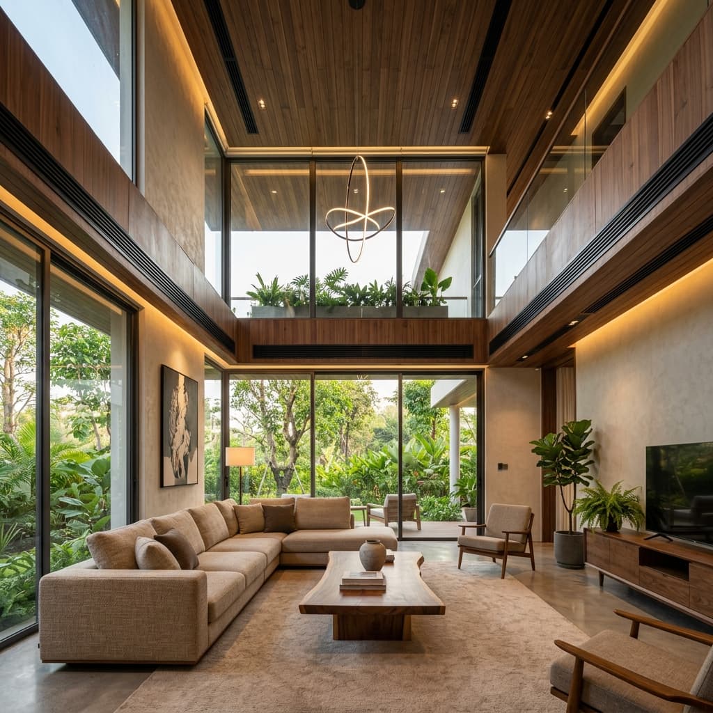 Thiết kế dải cửa gió khe Slot thẩm mỹ âm trần phòng khách thông tầng biệt thự Ecopark Hưng Yên sang trọng