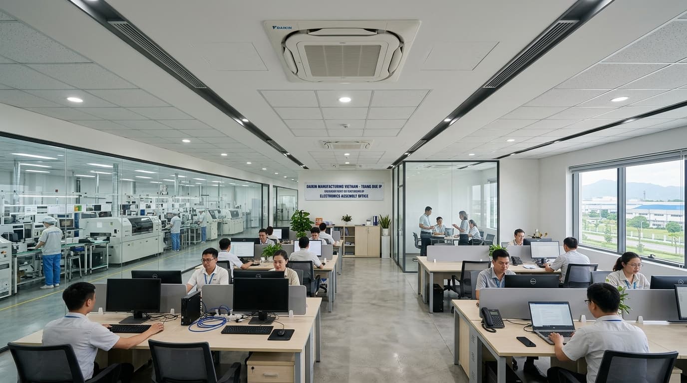 Không gian văn phòng xưởng lắp ráp thiết bị điện tử KCN Tràng Duệ trang bị điều hòa giấu trần mỏng Daikin