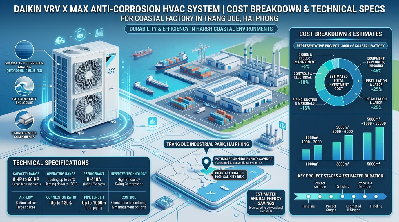 Sơ đồ 3D infographic bóc tách cơ cấu chi phí thi công điều hòa Daikin VRV X MAX KCN Tràng Duệ Hải Phòng