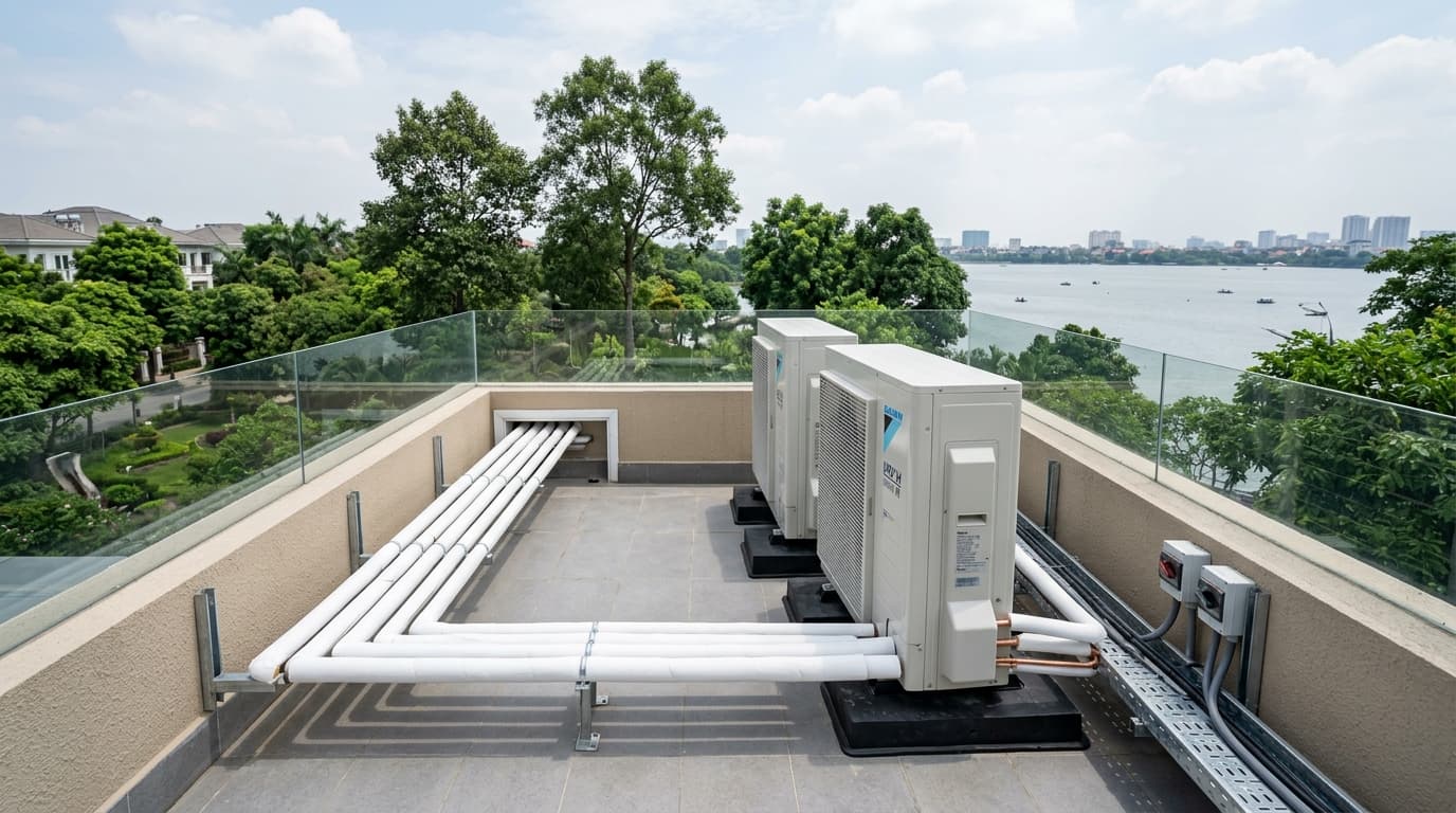 Cụm dàn nóng Daikin Super Multi NX nhỏ gọn đặt trên đệm cao su giảm chấn tại ban công tum biệt thự Vinhomes Riverside