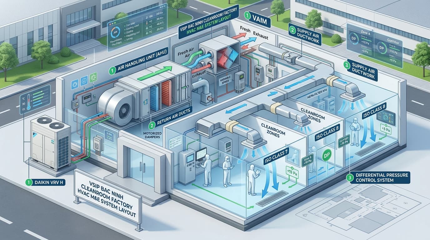 Sơ đồ infographic tổng thể hệ thống điều hòa VRV H kết hợp quạt AHU và màng lọc HEPA KCN VSIP Bắc Ninh