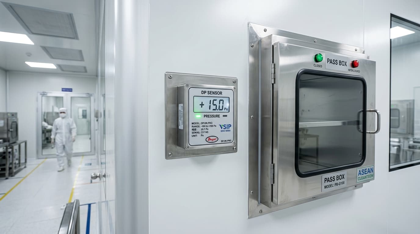 Đồng hồ cảm biến chênh áp DP Sensor hiển thị dương 15 Pascal gắn trên vách panel inox Pass Box KCN VSIP Bắc Ninh