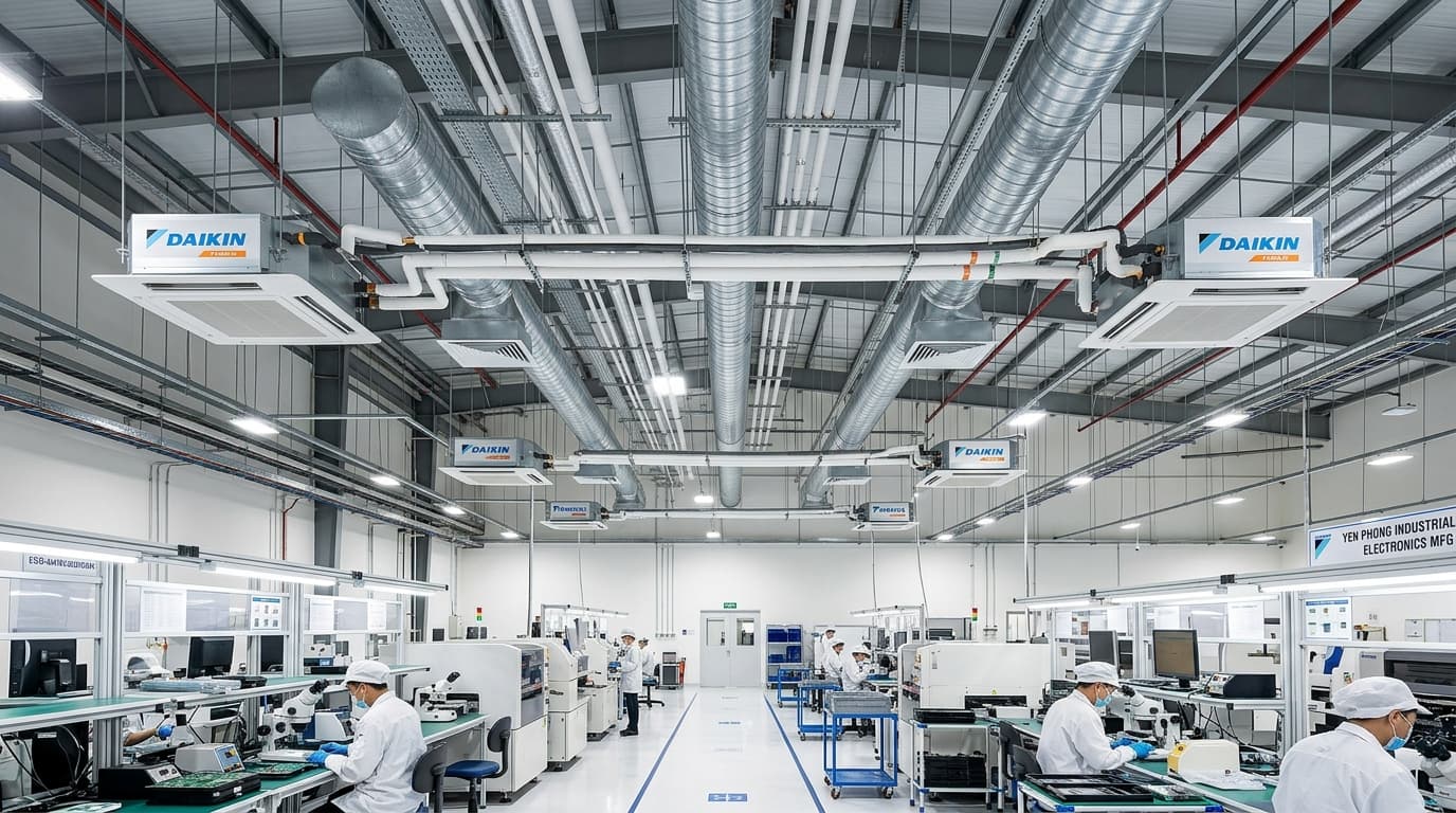 Hình ảnh không gian phòng sạch Cleanroom nhà máy điện tử KCN Yên Phong trang bị hệ thống ống gió tôn xoắn Daikin
