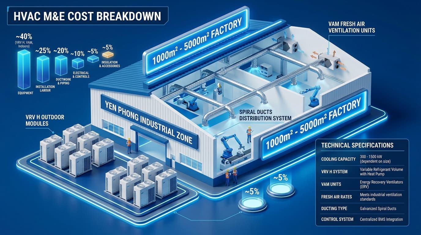 Sơ đồ infographic bóc tách tỷ trọng chi phí thi công HVAC nhà xưởng KCN Yên Phong Bắc Ninh
