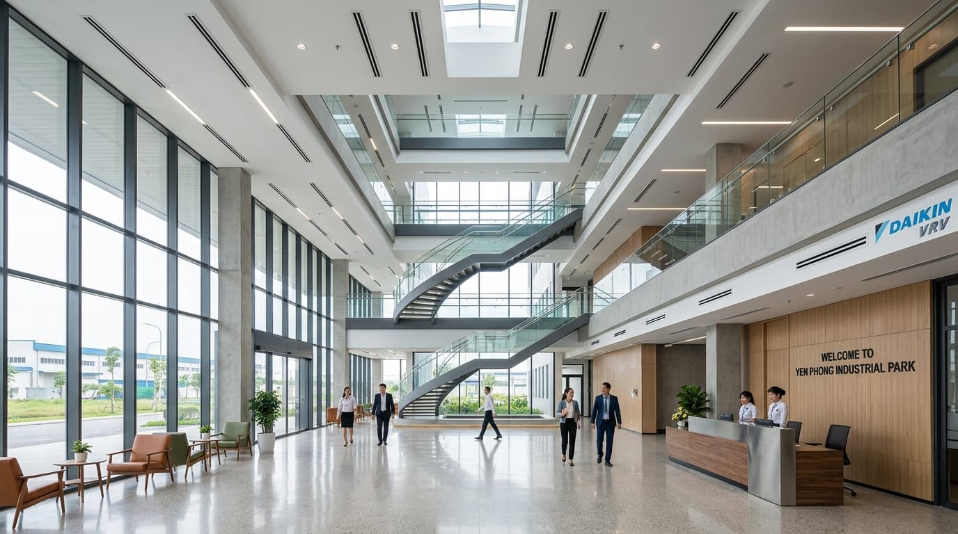 Không gian sảnh văn phòng điều hành 4 tầng KCN Yên Phong lắp điều hòa giấu trần Daikin sang trọng