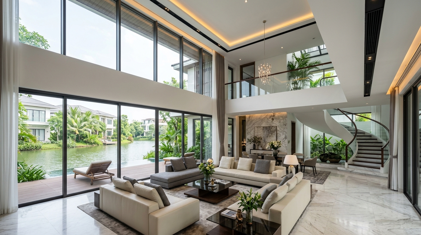 Không gian phòng khách thông tầng cao 7 mét sang trọng tại biệt thự đảo Ecopark Grand với cửa gió khe Linear Slot âm trần tinh tế