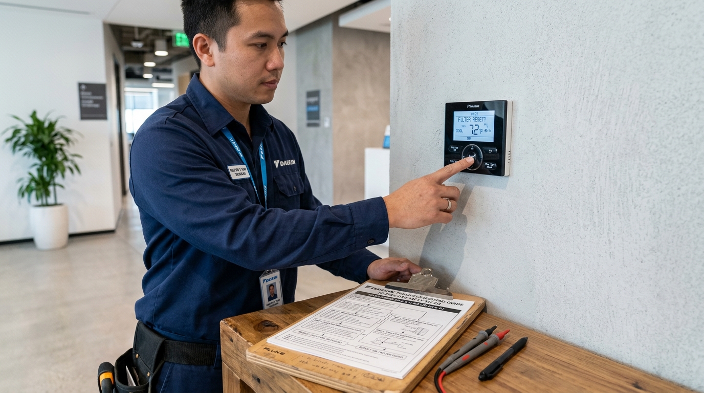 Kỹ sư Hanotech thực hiện reset biểu tượng phin lọc và cài đặt lại thông số mã lỗi AH AJ trên điều khiển Daikin BRC1E63