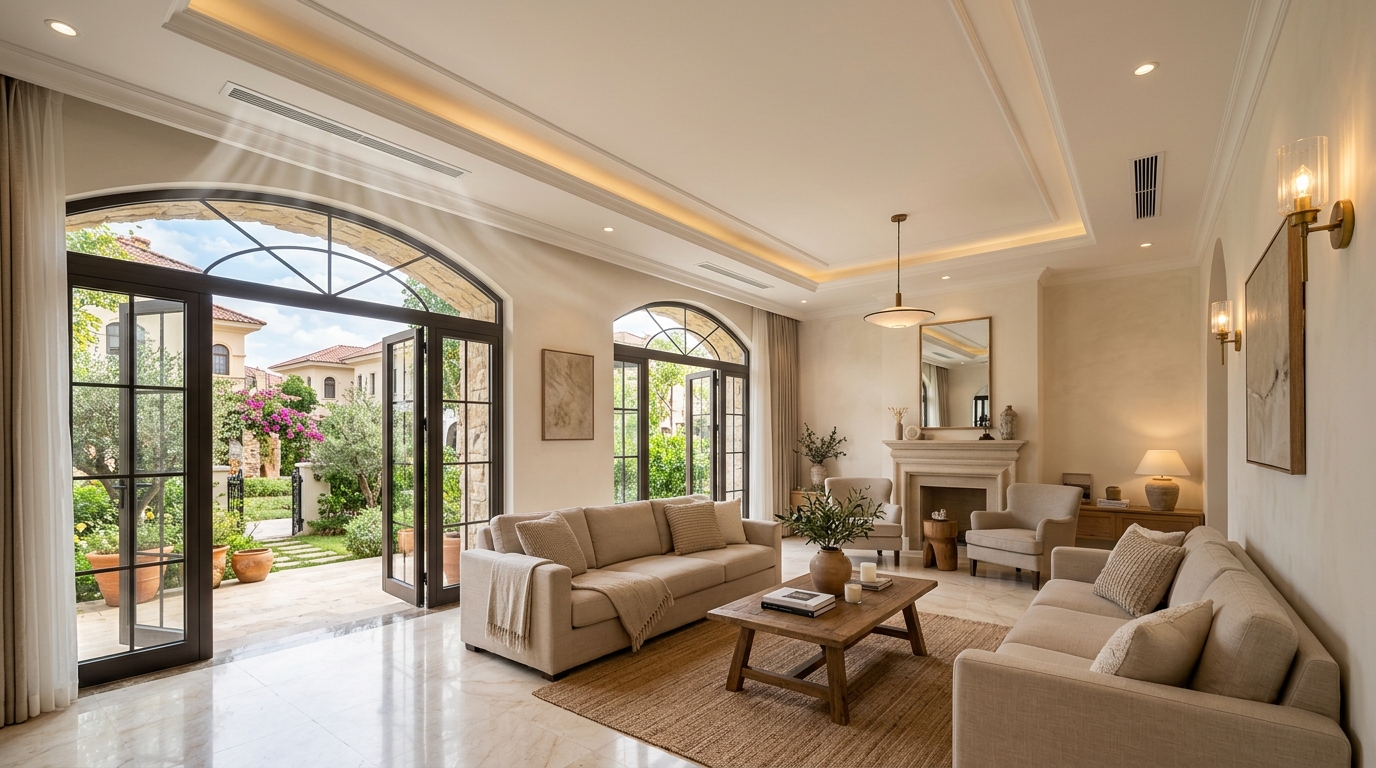 Không gian phòng khách biệt thự tân cổ điển Vinhomes Marina Hải Phòng với cửa gió khe Linear Slot âm trần tinh tế