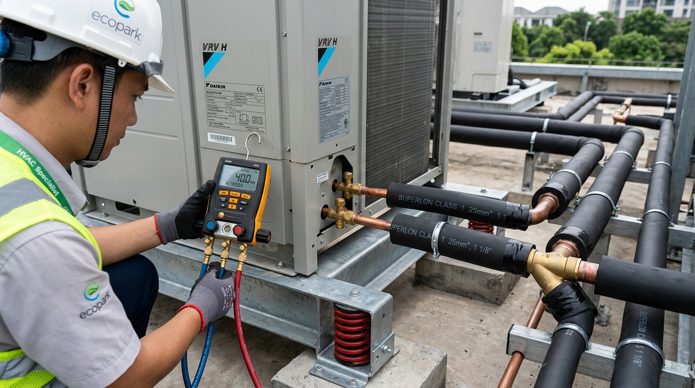 Kỹ sư Cơ Điện Hanotech kiểm tra áp suất nén khí Nitơ 40 bar trên dàn nóng Daikin VRV H tại công trình thực tế Ecopark