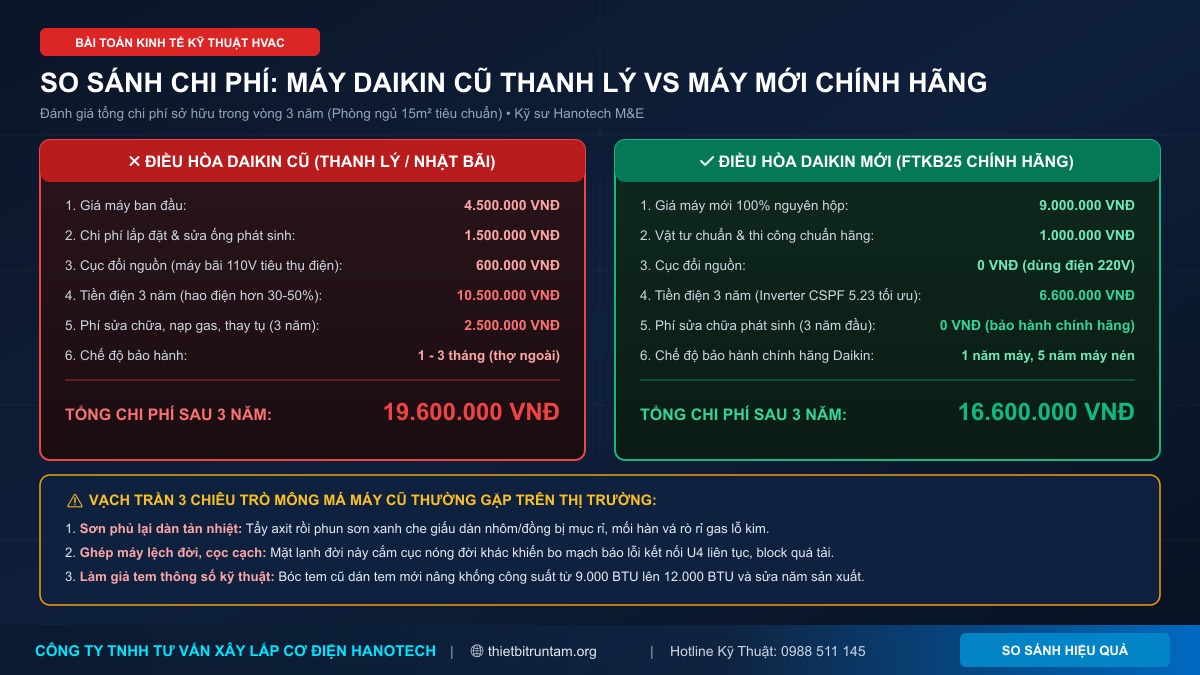 Bảng so sánh chi phí kinh tế kỹ thuật điều hòa Daikin cũ thanh lý và điều hòa Daikin mới chính hãng trong 3 năm