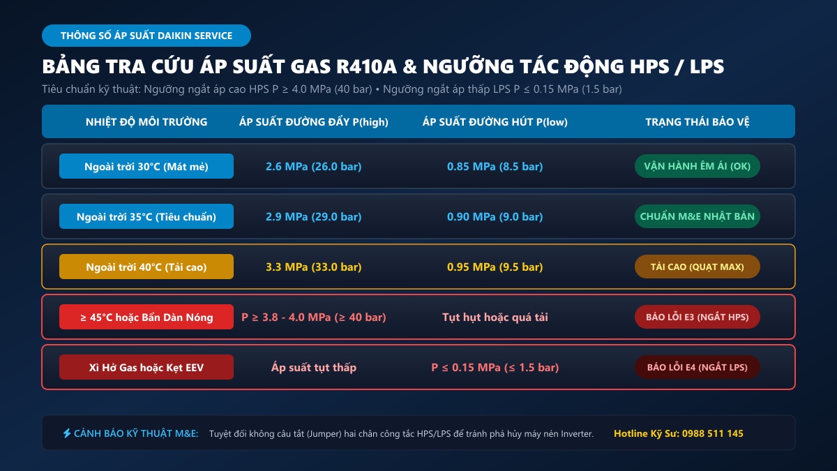 Bảng tra cứu áp suất gas R410A và ngưỡng lỗi E3 E4 Daikin