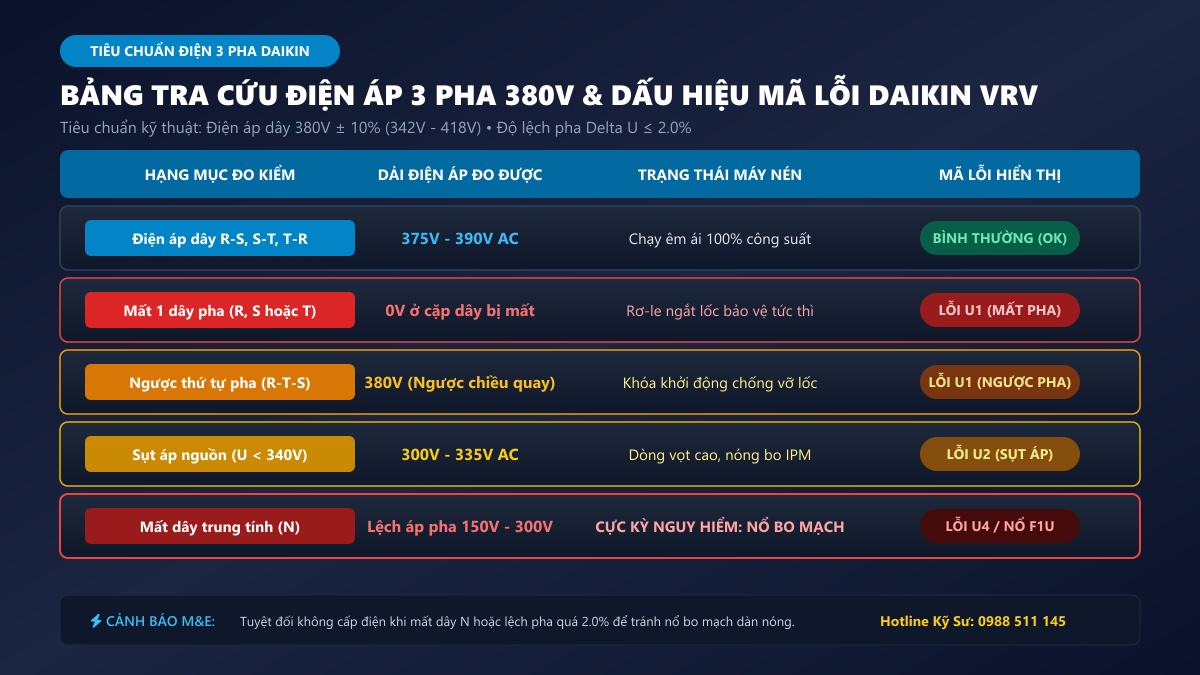 Bảng tra cứu điện áp 3 pha 380V và các dấu hiệu mã lỗi Daikin VRV
