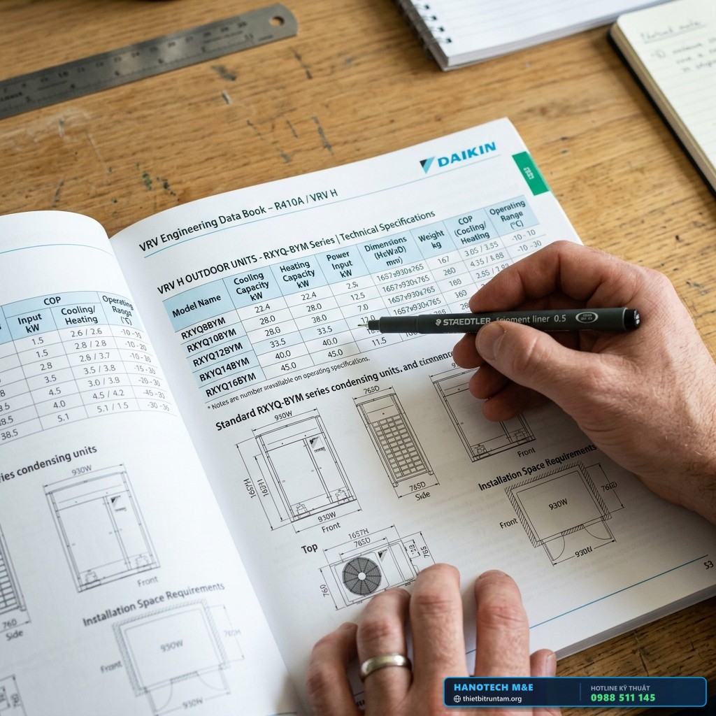 Bảng tra thông số kỹ thuật dàn nóng Daikin VRV H trong catalogue kỹ thuật