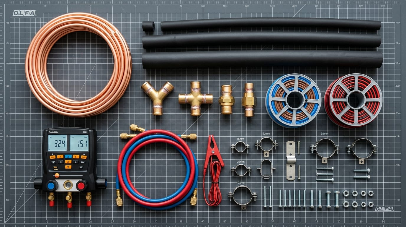 Bộ vật tư M&E điều hòa chính hãng bao gồm ống đồng Thái Lan LHCT, bảo ôn Superlon, khớp nối Refnet và đồng hồ đo áp suất
