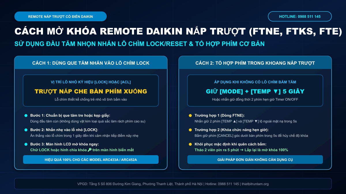 Hướng dẫn mở khóa remote Daikin nắp trượt cổ điển bằng đầu que tăm và tổ hợp phím